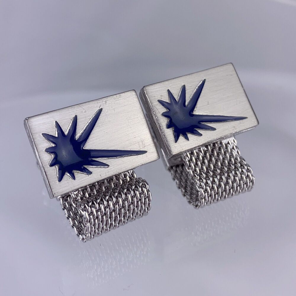 Abstract Comic Book Bubble Mesh Wrap Cufflinks Blue Silver Tone Hickok VTG O1
